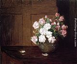 Julian Alden Weir Roses in a Silver Bowl on a Mahogany Table painting